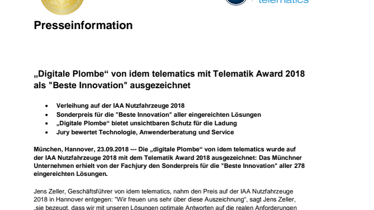 „Digitale Plombe“ von idem telematics mit Telematik Award 2018 als "Beste Innovation" ausgezeichnet 