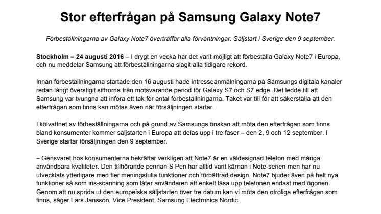 Stor efterfrågan på Samsung Galaxy Note7 