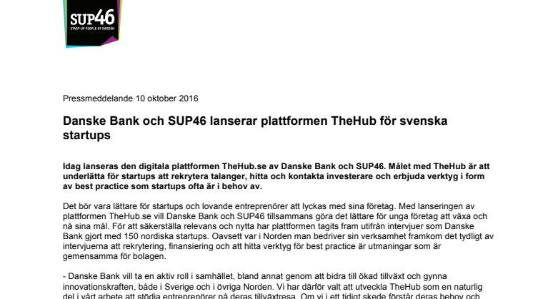 Danske Bank och SUP46 lanserar plattformen TheHub för svenska startups  