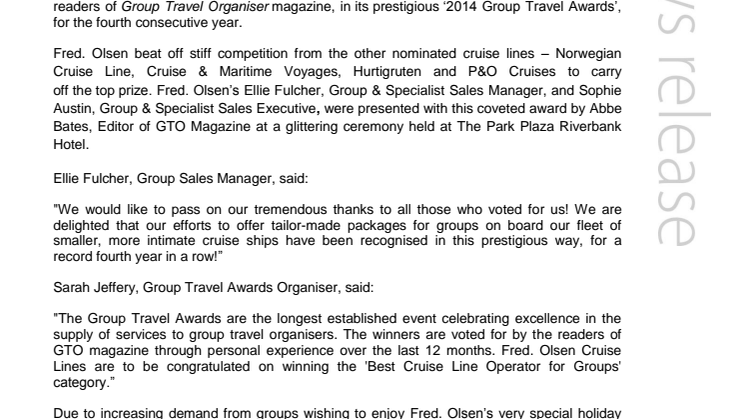 Fred Olsen Cruise Lines wins top cruise accolade in the '2014 Group Travel Awards' for a record fourth year in a row!