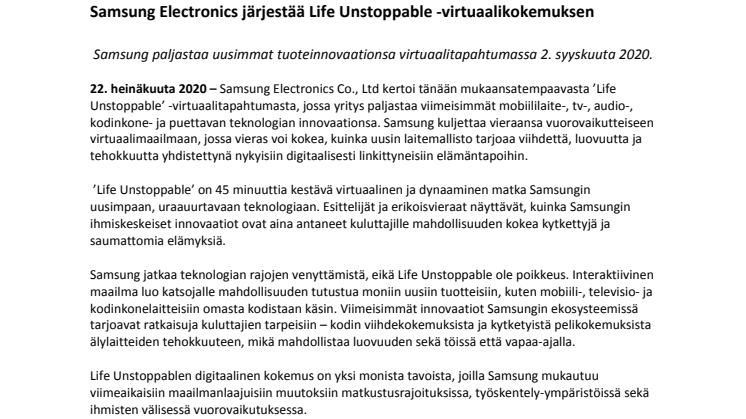 Samsung Electronics järjestää Life Unstoppable -virtuaalikokemuksen