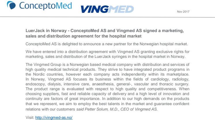 LuerJack in Norway - ConceptoMed AS and Vingmed AS signed a marketing, sales and distribution agreement for the hospital market