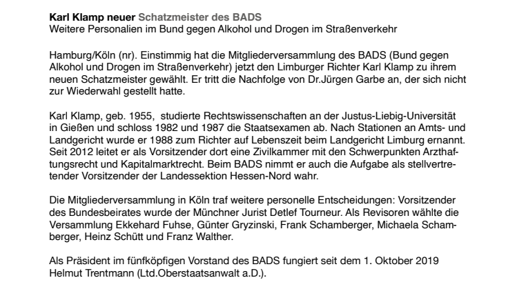 Karl Klamp neuer Schatzmeister des BADS