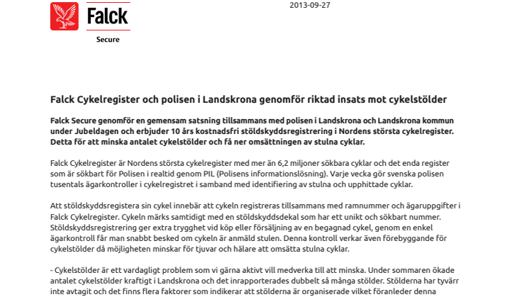 Falck Cykelregister och polisen i Landskrona genomför riktad insats cykelstölder | Falck Secure