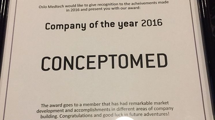 ConceptoMed named Company of the Year 2016, Oslo Medtech