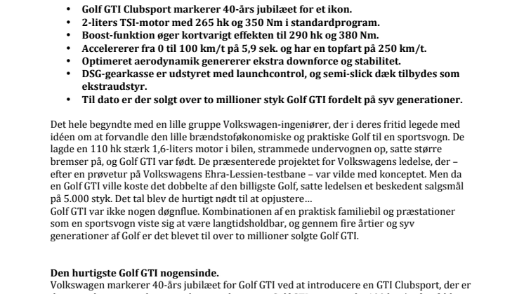 40-års Golf GTI fejres med GTI Clubsport til 518.792 kr.