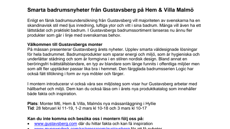 Smarta badrumsnyheter från Gustavsberg på Hem & Villa Malmö