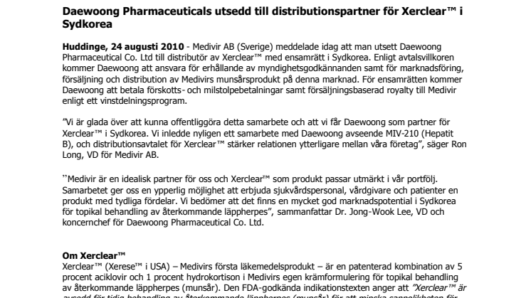 Daewoong Pharmaceuticals utsedd till distributionspartner för Xerclear™ i Sydkorea