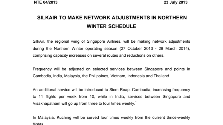 SilkAir to Make Adjustments in Northern Winter Schedule