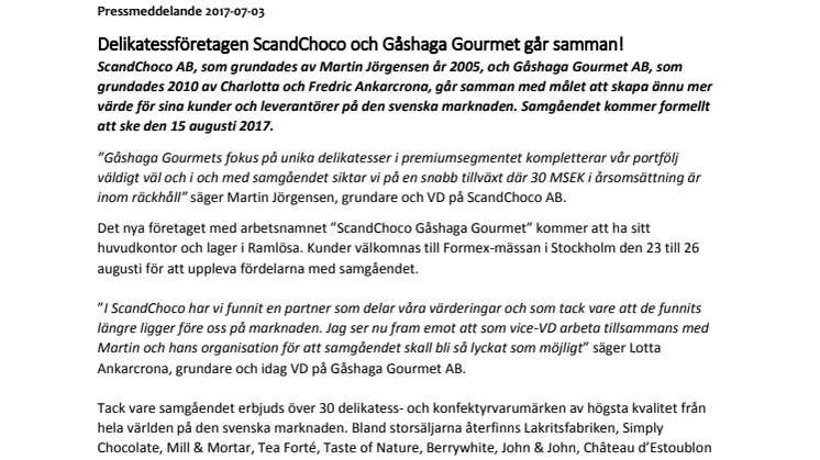 Delikatessföretagen ScandChoco och Gåshaga Gourmet går samman!