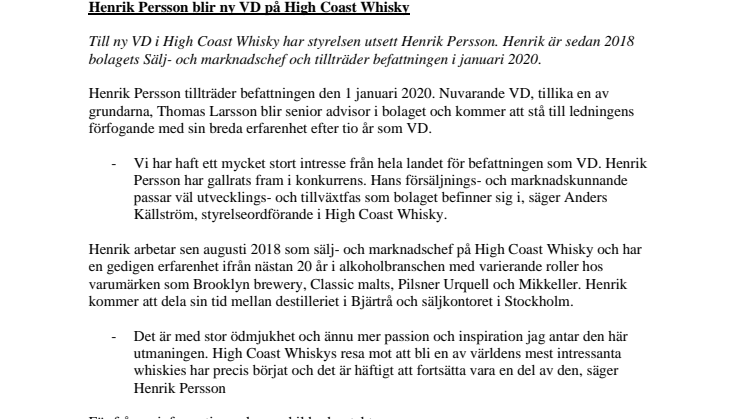 Henrik Persson blir ny VD på High Coast Whisky
