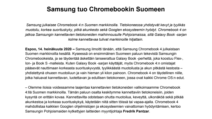 Samsung tuo Chromebookin Suomeen