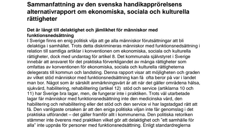 Handikappförbunden sammanfattning på svenska av alternativrapporten angående ESK-rättigheter för människor med funktionsnedsättning