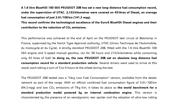 Nya Peugeot 208 sätter bränslerekord med 2,0 l/100 km  