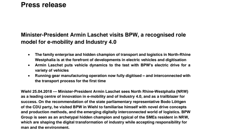 Minister-President Armin Laschet visits BPW, a recognised role model for e-mobility and Industry 4.0 
