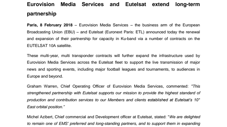 Eurovision Media Services and Eutelsat extend long-term partnership