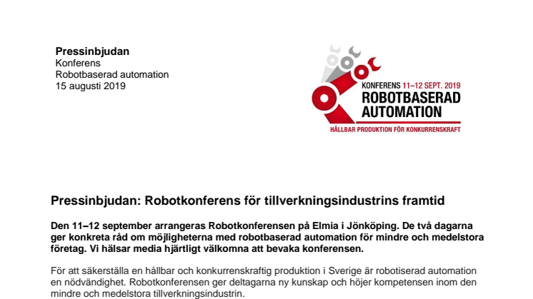 Pressinbjudan: Robotkonferens för tillverkningsindustrins framtid