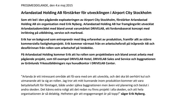 ​Arlandastad Holding AB förstärker för utvecklingen i Airport City Stockholm