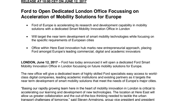 Ford åbner et nyt kontor i London, der fokuserer på mobilitetløsninger 