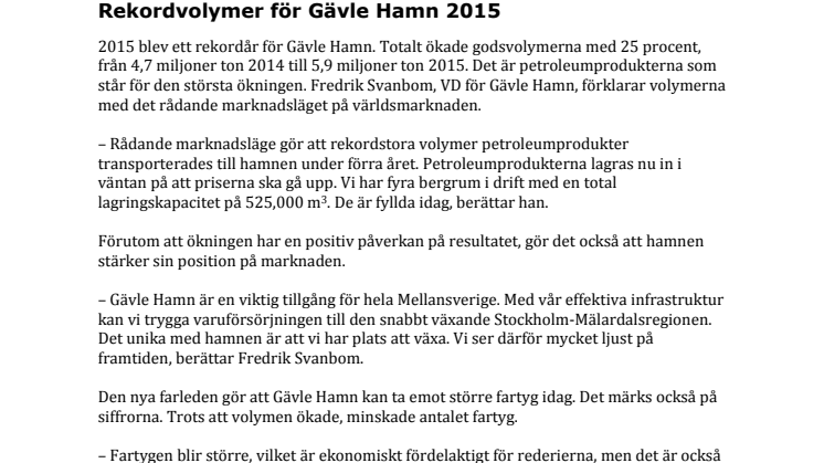 Rekordvolymer för Gävle Hamn 2015