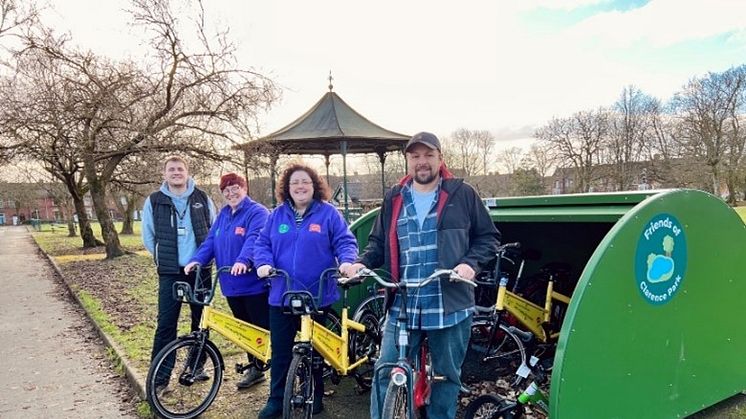 At the opening of the Clarence Park bike library are (from left) George Wolstencroft, Move More officer; Hannah Crompton and Dawn Warriner, Friends of Clarence Park volunteers; and Cllr Kevin Peel.