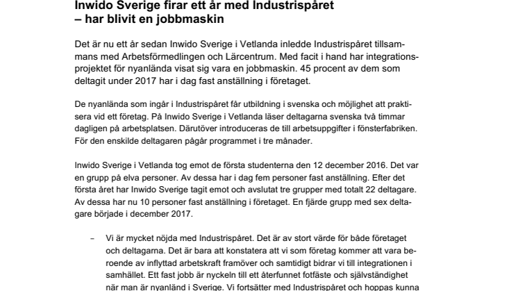 Inwido Sverige firar ett år med Industrispåret - har blivit en jobbmaskin