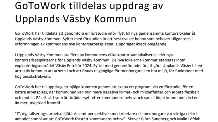 GoToWork tilldelas uppdrag av Upplands Väsby kommun