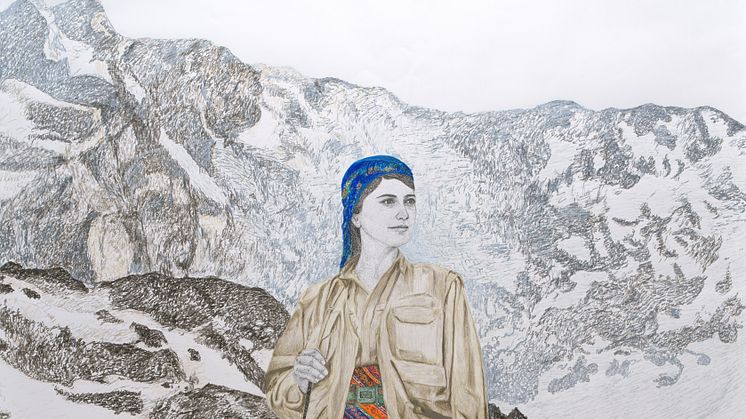 Gelawesh Waledkhani, Flowers of Resistance, 2023. Tusj og fargeblyant på akvarellpapir © Gelawesh Waled