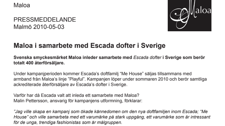Maloa i samarbete med Escada dofter i Sverige