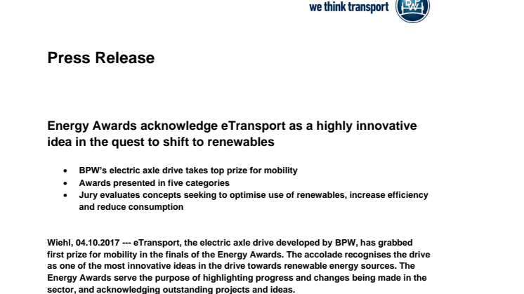 Energy Awards acknowledge eTransport as a highly innovative idea in the quest to shift to renewables