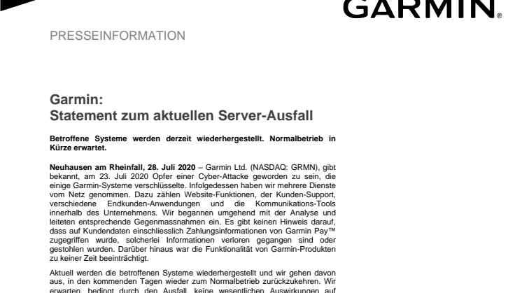 Garmin Statement Server-Ausfall