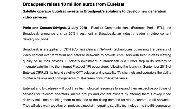 Broadpeak raises 10 million euros from Eutelsat