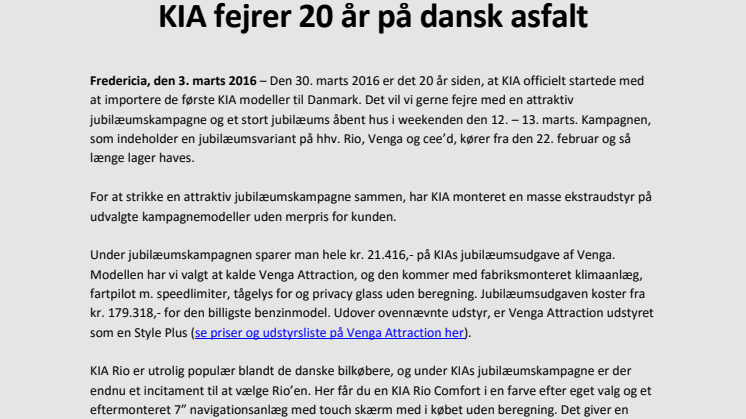 KIA fejrer 20 år på dansk asfalt