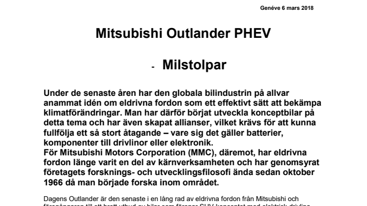 Mitsubishi Outlander PHEV - Milstolpar