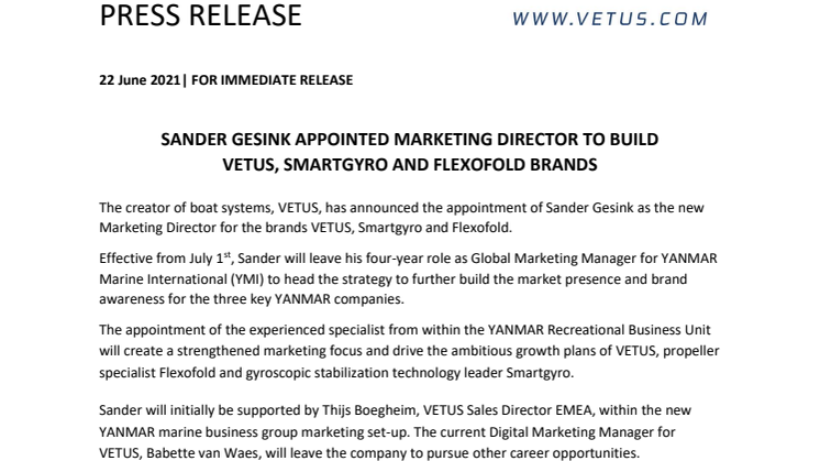 Sander Gesink Appointed Marketing Director to Build VETUS, Smartgyro and Flexofold Brands