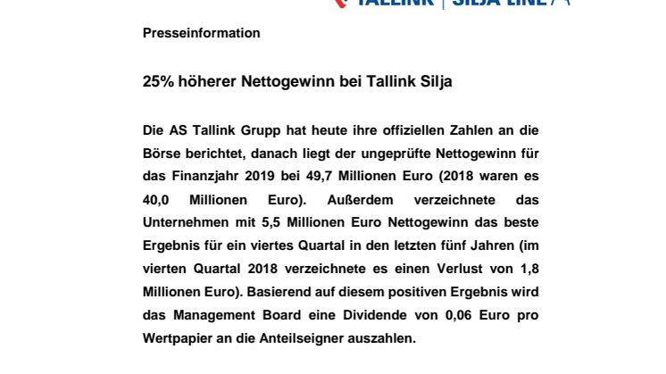 25% höherer Nettogewinn bei Tallink Silja