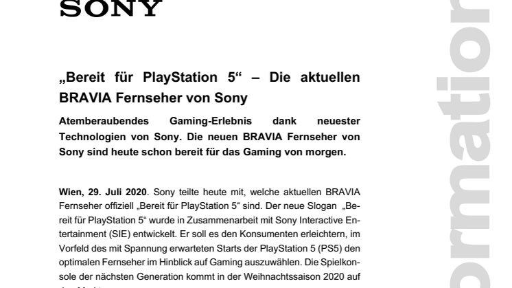 „Bereit für PlayStation 5“ – Die aktuellen BRAVIA Fernseher von Sony 