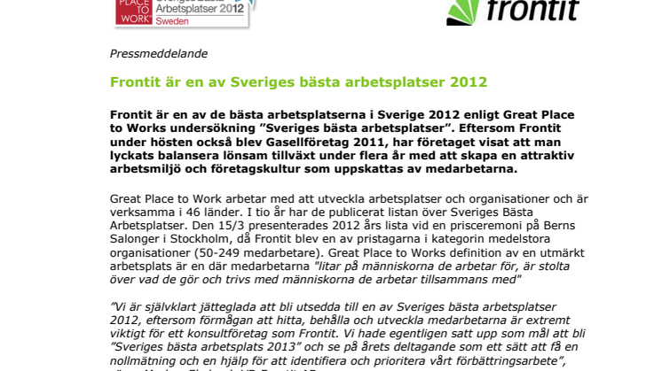 Frontit är en av Sveriges bästa arbetsplatser 2012