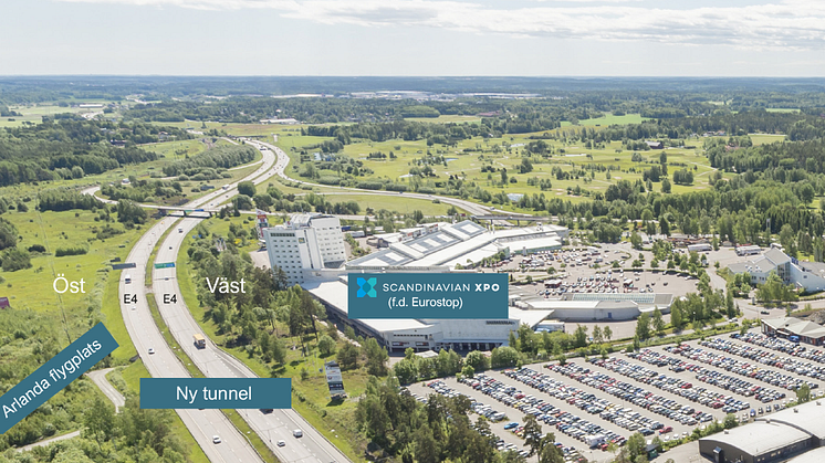 Flygbild över Scandinavian XPO och delar av Arlandastad. 