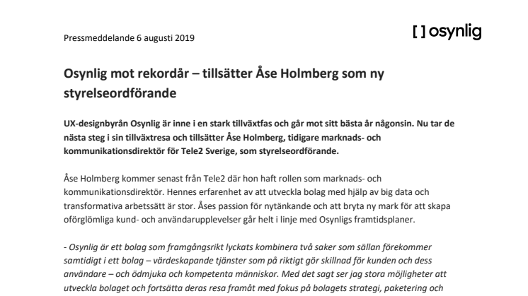 Osynlig mot rekordår – tillsätter Åse Holmberg som ny styrelseordförande