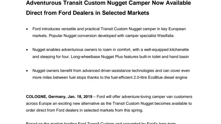 Adventurous Transit Custom Nugget Camper Now Available Direct from Ford Dealers in Selected Markets