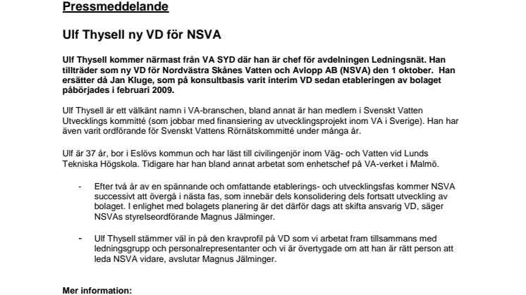 Ulf Thysell ny VD för NSVA