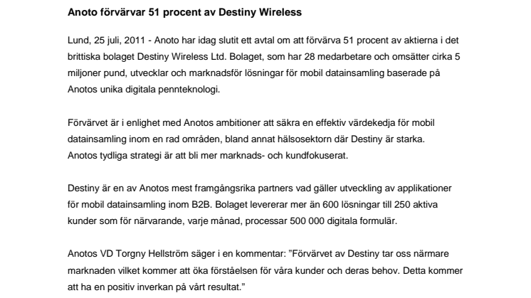 Anoto förvärvar 51 procent av Destiny Wireless