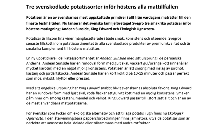 Tre svenskodlade potatissorter inför höstens alla mattillfällen