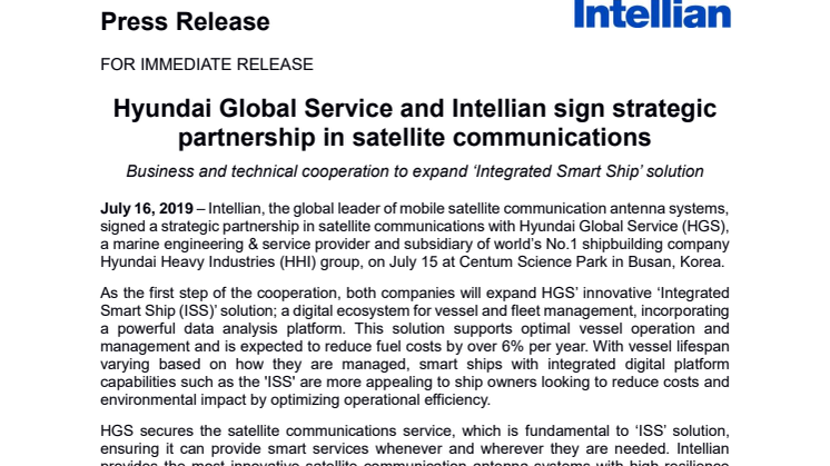 Hyundai Global Service and Intellian sign strategic partnership in satellite communications