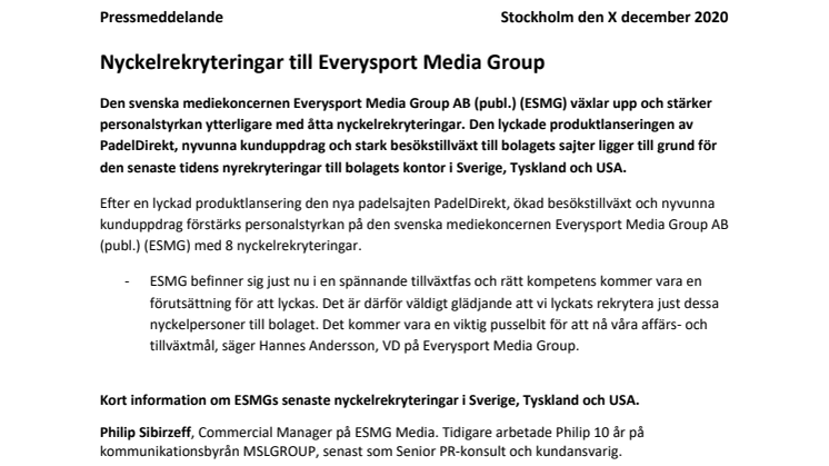 Nyckelrekryteringar till Everysport Media Group 