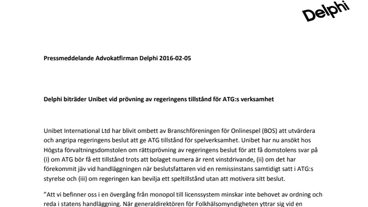 Delphi biträder Unibet vid prövning av regeringens tillstånd för ATG:s verksamhet
