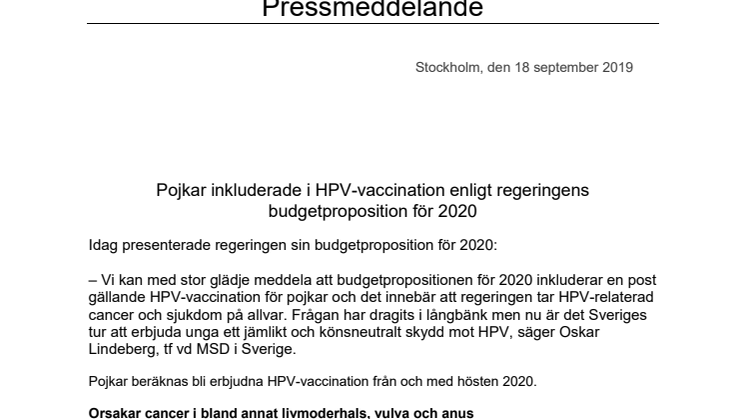 Pojkar inkluderade i HPV-vaccination enligt regeringens budgetproposition för 2020