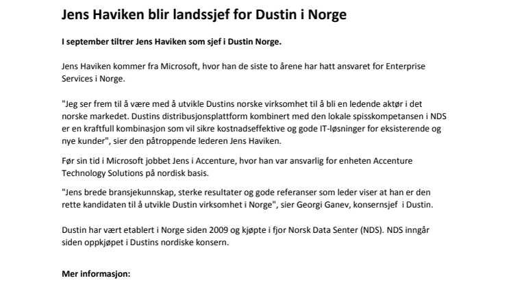 Jens Haviken blir landssjef for Dustin i Norge