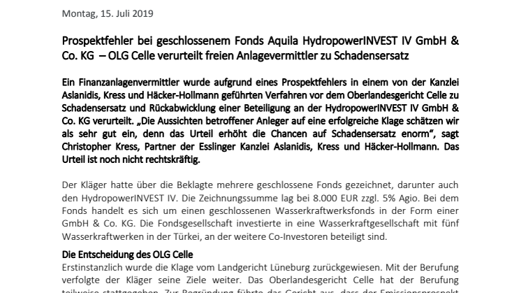 Prospektfehler bei geschlossenem Fonds Aquila HydropowerINVEST IV GmbH & Co. KG  – OLG Celle verurteilt freien Anlagevermittler zu Schadensersatz